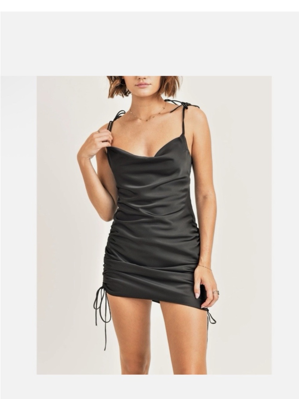 GLASSONS Satin Cowl Neck Ruched Mini Dress - Black